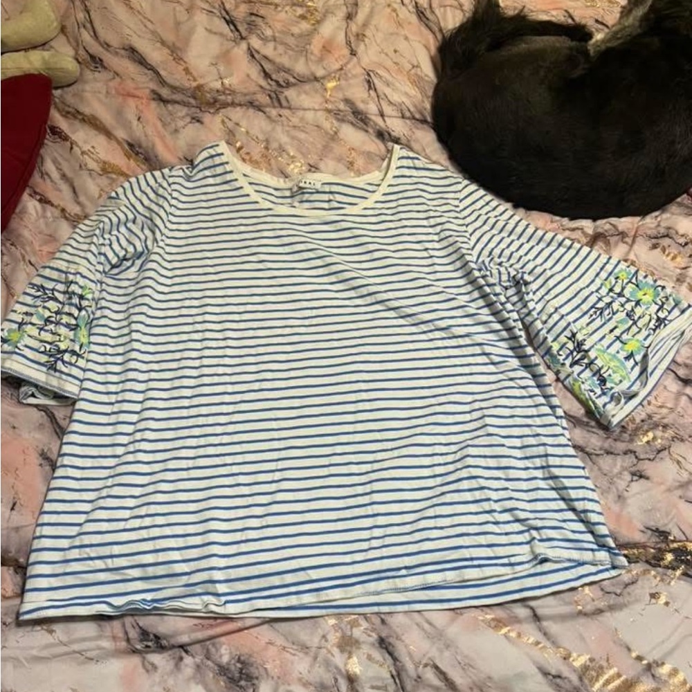 Blue and White Striped Top with Floral Sleeves